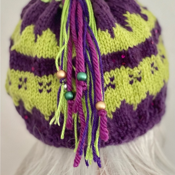 Hand Knits 2 Love Beanie Hat Cap Fair-isle Tassel Beads Sequence Purple Lime - Picture 3 of 9